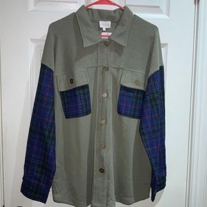 Entro Hometown oversized button front shirt /shacket Sz M colorblock / plaid